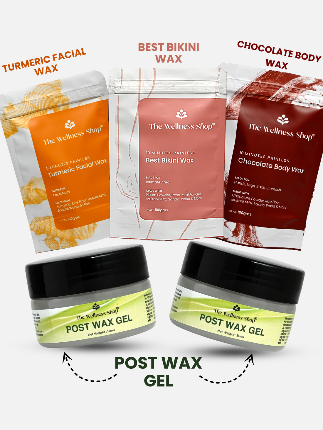 Turmeric Facial Wax+ Bikini Wax Powder+ Chocolate Hair Removal Powder +2 Post Wax Gel kit