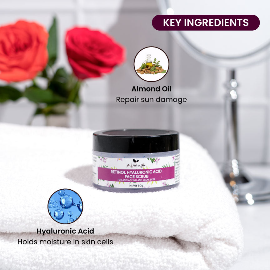 RETINOL AND HYALURONIC FACE SCRUB FOR ANTI AGEING AND CLEAR SKIN