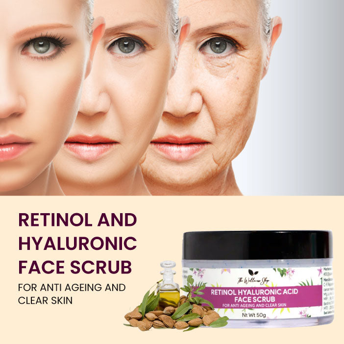 RETINOL AND HYALURONIC FACE SCRUB FOR ANTI AGEING AND CLEAR SKIN